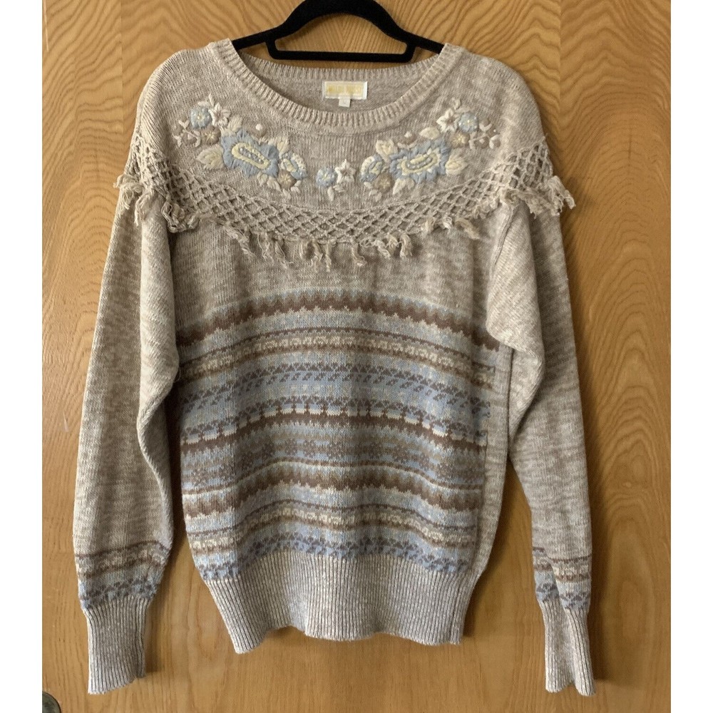 Melda Rossi Beige Women's Sweater Embroidered Fringe Crochet Retro Striped READ*